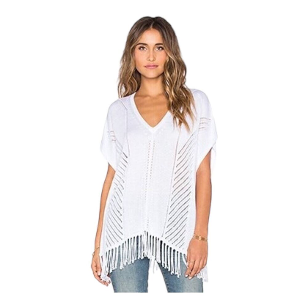 New SAKS FIFTH AVE White Crochet Fringed Sweater Poncho Boho‎ Oversized Top XS